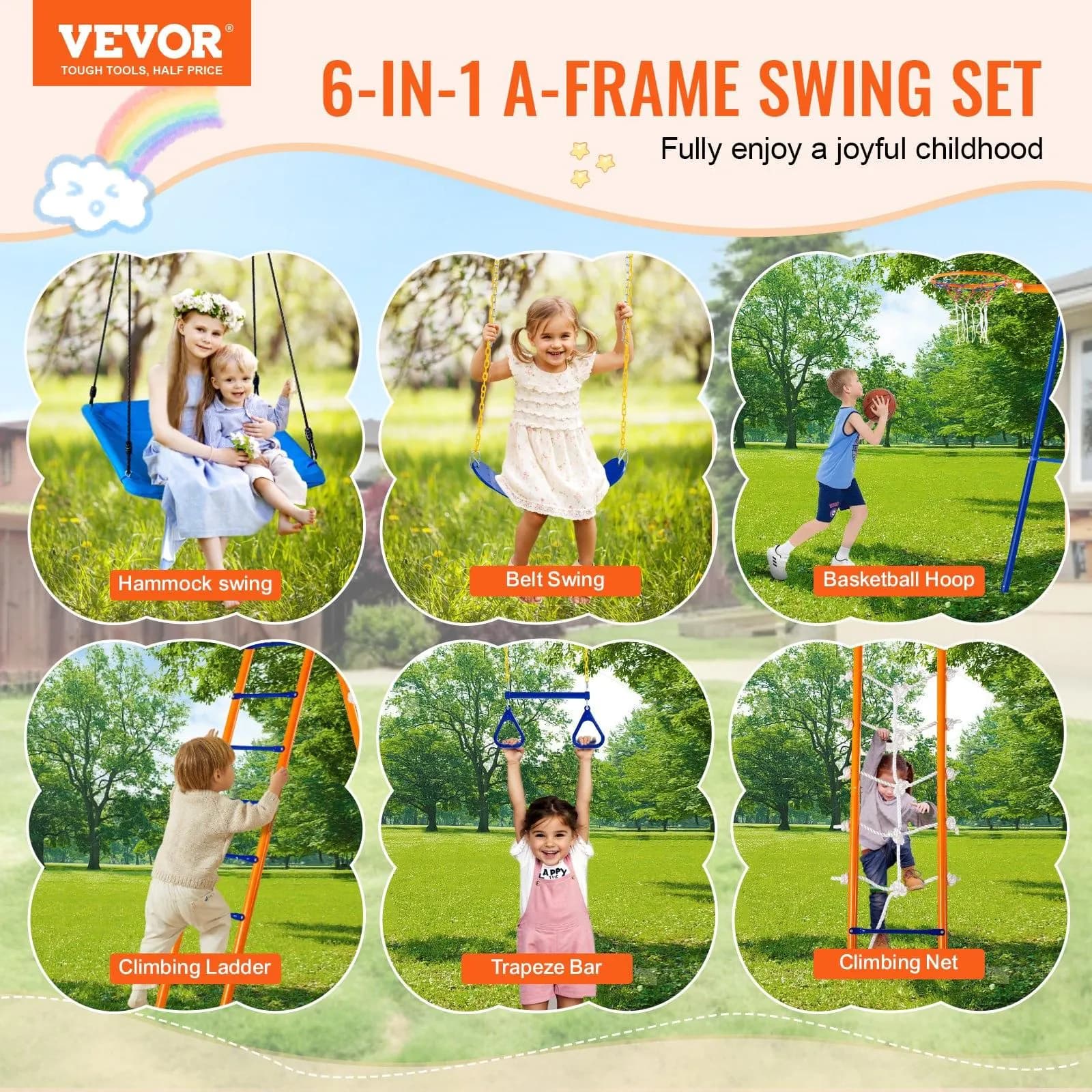 image-VEVOR Swing Sets for Backyard, 6 in 1 Swing Set with 2 Swings, Trapeze Bar, Climbing Ladder, Climbing Net, and Basketball Hoop, 440lbs Load Capacity Heavy-Duty Metal Swingset Outdoor for Kids Ages 3+