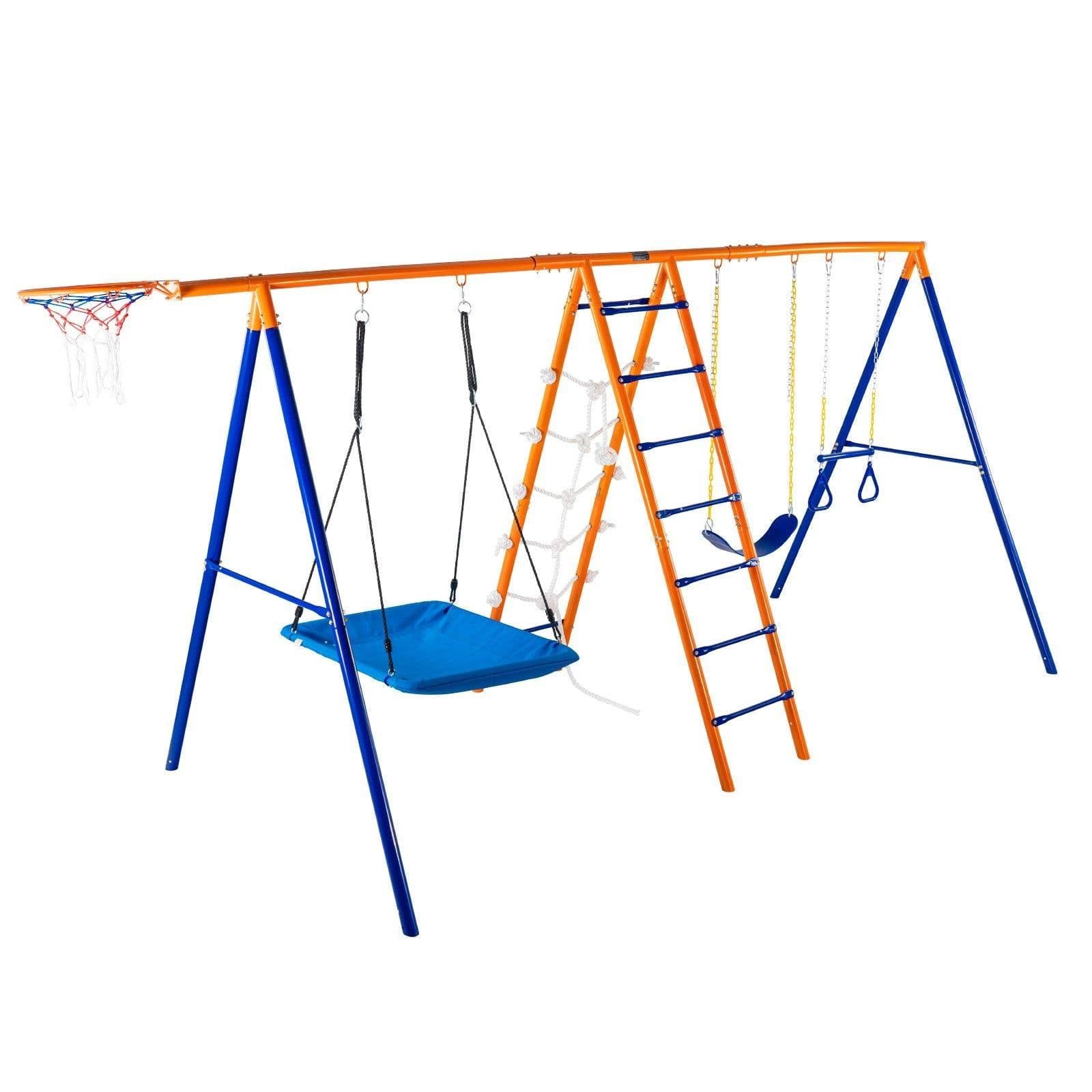 image-VEVOR Swing Sets for Backyard, 6 in 1 Swing Set with 2 Swings, Trapeze Bar, Climbing Ladder, Climbing Net, and Basketball Hoop, 440lbs Load Capacity Heavy-Duty Metal Swingset Outdoor for Kids Ages 3+