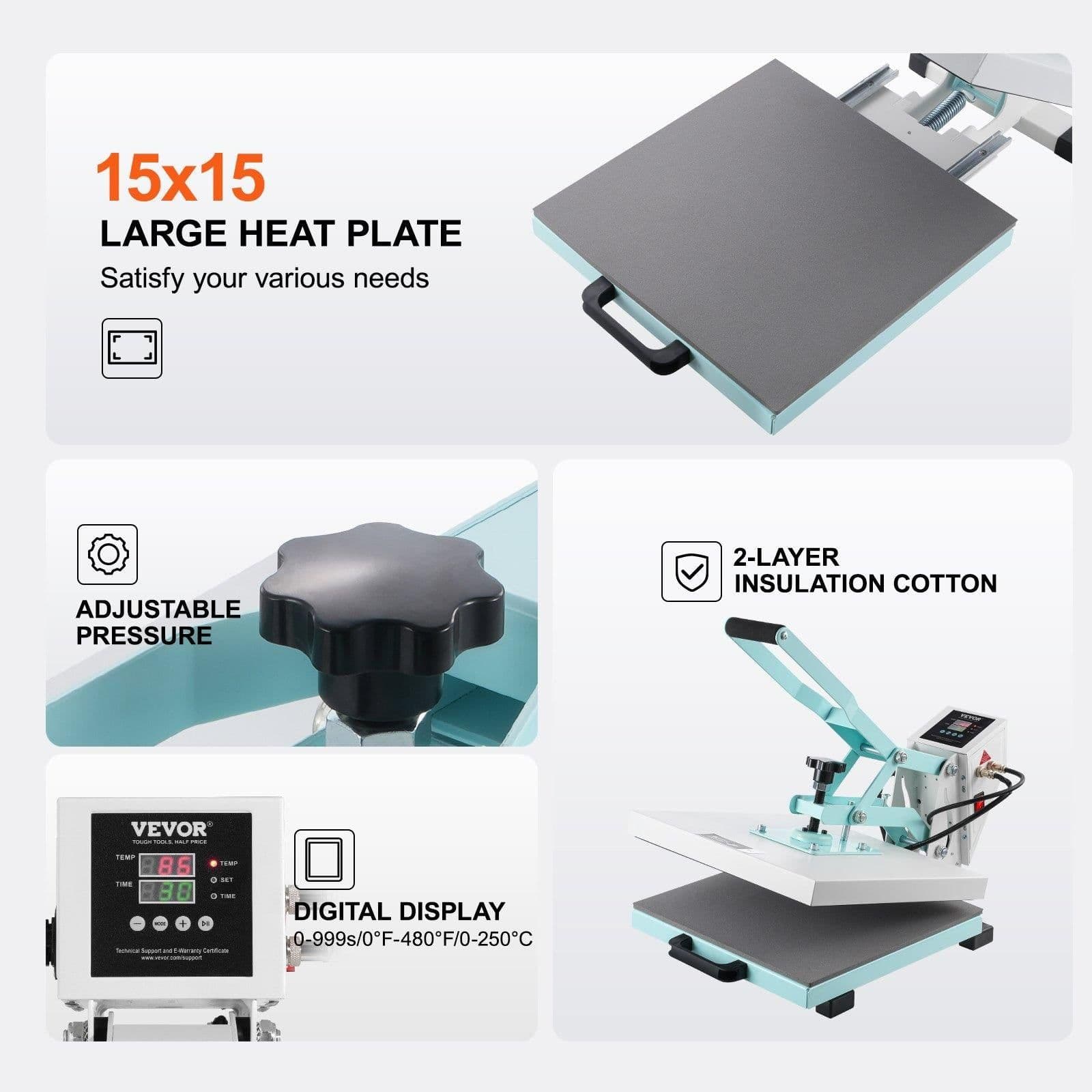 image-Vevor 15x15" Slide Out Heat Press Machine - Green 1400W