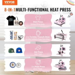 image-VEVOR Heat Press Machine, 15 x 15 inch, 8 in 1 Heat Transfer Machine with 6-30 oz Tumbler Press, 360° Swing Away T-Shirt Pressing, Digital Precise Control, for T-Shirts/Mugs/Hats/Plates, Pink