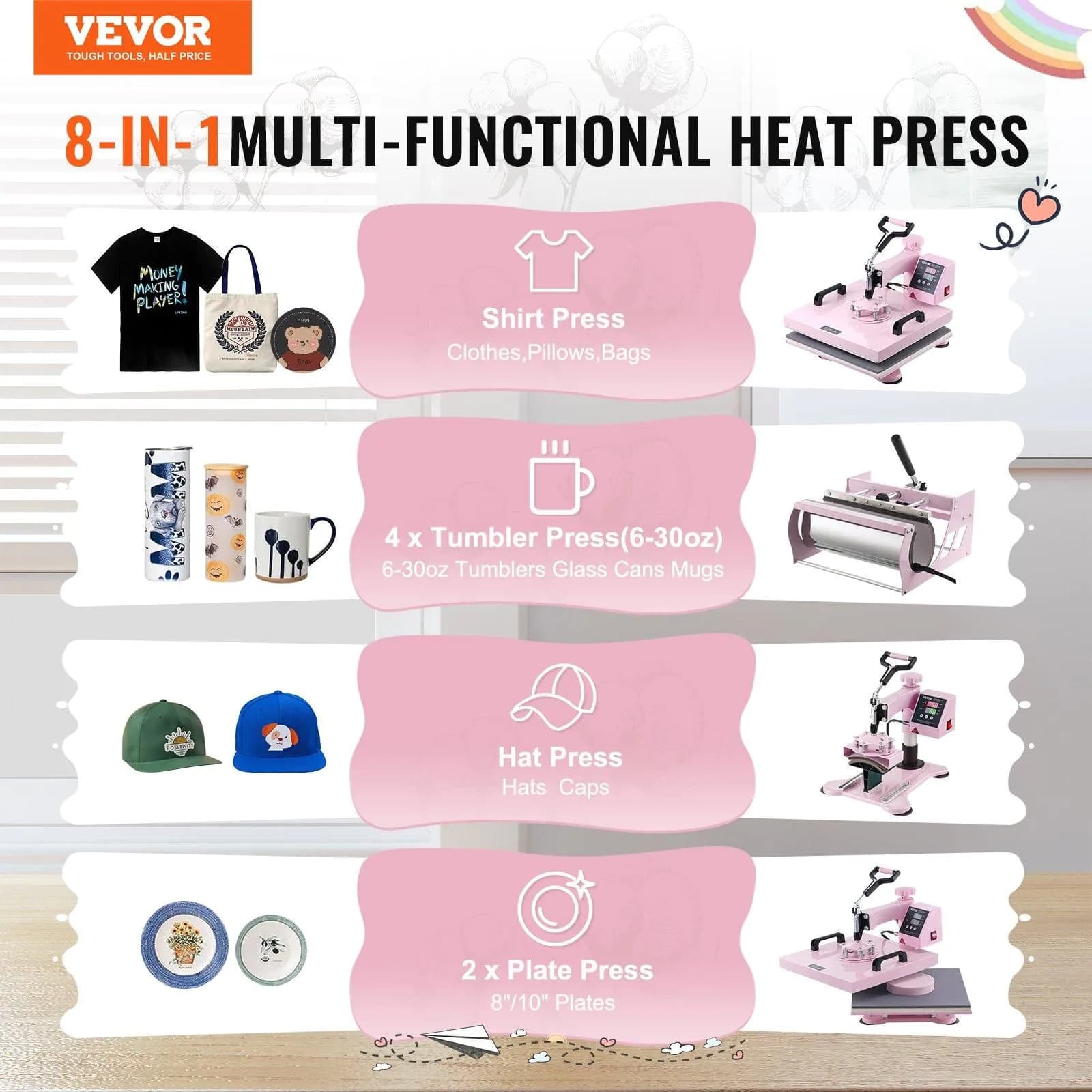 image-VEVOR Heat Press Machine, 15 x 15 inch, 8 in 1 Heat Transfer Machine with 6-30 oz Tumbler Press, 360° Swing Away T-Shirt Pressing, Digital Precise Control, for T-Shirts/Mugs/Hats/Plates, Pink