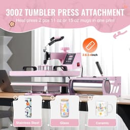 image-VEVOR Heat Press Machine, 15 x 15 inch, 8 in 1 Heat Transfer Machine with 6-30 oz Tumbler Press, 360° Swing Away T-Shirt Pressing, Digital Precise Control, for T-Shirts/Mugs/Hats/Plates, Pink