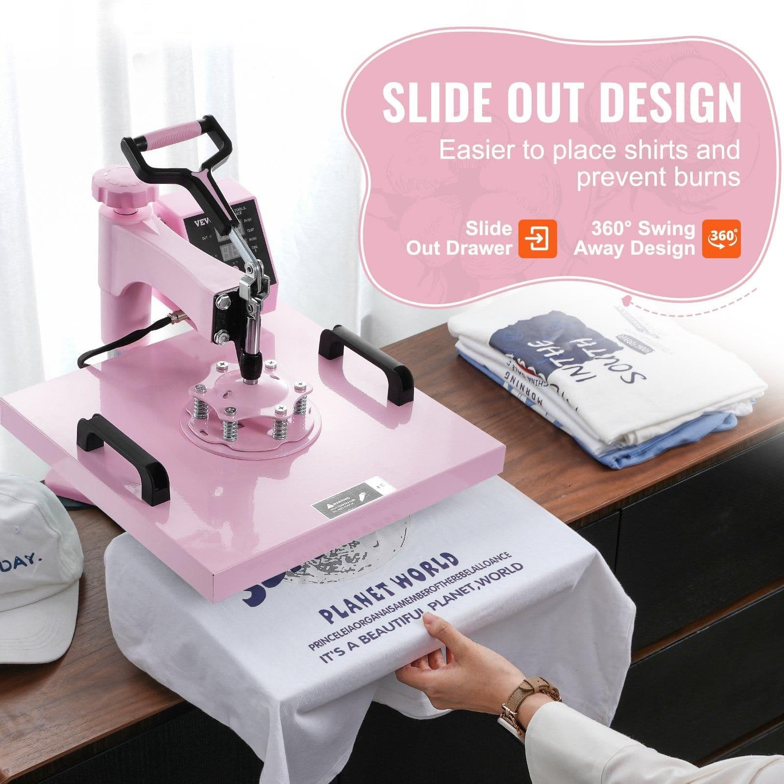 image-VEVOR Heat Press Machine, 15 x 15 inch, 8 in 1 Heat Transfer Machine with 6-30 oz Tumbler Press, 360° Swing Away T-Shirt Pressing, Digital Precise Control, for T-Shirts/Mugs/Hats/Plates, Pink