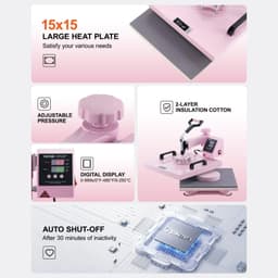 image-VEVOR Heat Press Machine, 15 x 15 inch, 8 in 1 Heat Transfer Machine with 6-30 oz Tumbler Press, 360° Swing Away T-Shirt Pressing, Digital Precise Control, for T-Shirts/Mugs/Hats/Plates, Pink
