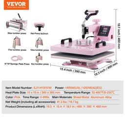 image-VEVOR Heat Press Machine, 15 x 15 inch, 8 in 1 Heat Transfer Machine with 6-30 oz Tumbler Press, 360° Swing Away T-Shirt Pressing, Digital Precise Control, for T-Shirts/Mugs/Hats/Plates, Pink