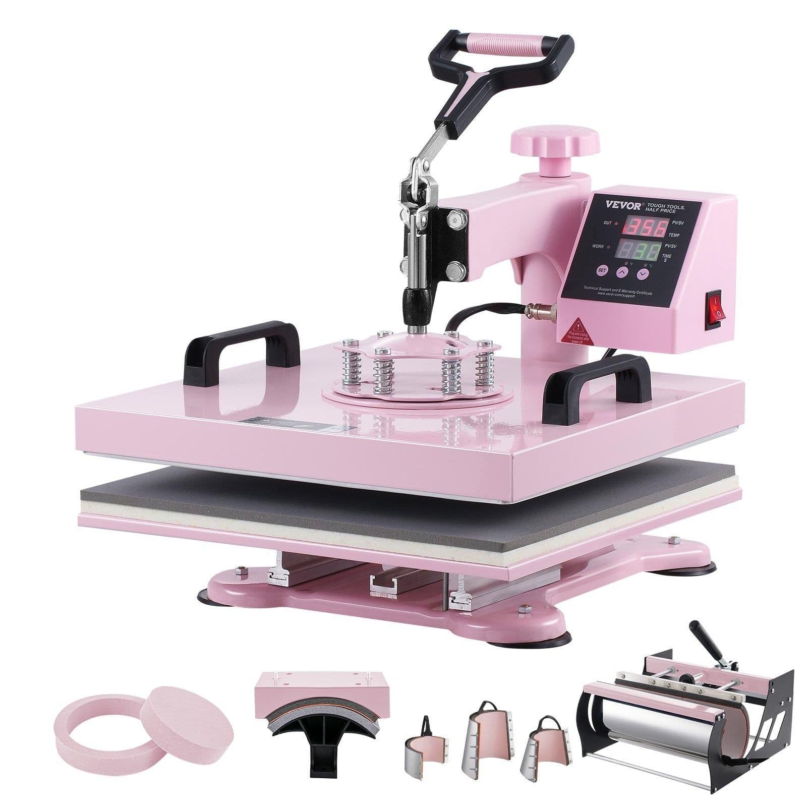 image-VEVOR Heat Press Machine, 15 x 15 inch, 8 in 1 Heat Transfer Machine with 6-30 oz Tumbler Press, 360° Swing Away T-Shirt Pressing, Digital Precise Control, for T-Shirts/Mugs/Hats/Plates, Pink