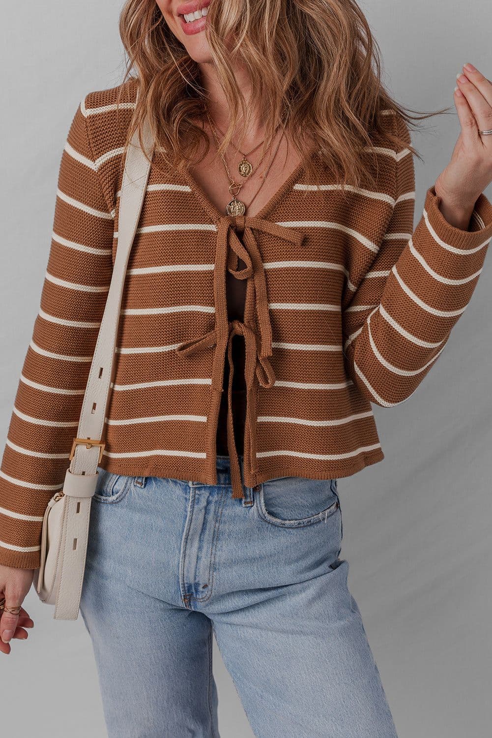 image-Chestnut Tie Front Striped Knit Cardigan V Neck