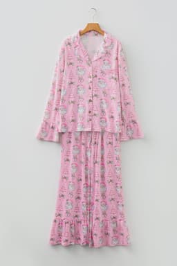 image-Pink Christmas Print Ruffled Ribbed Shirt & Pants 2 Piece PJ Set