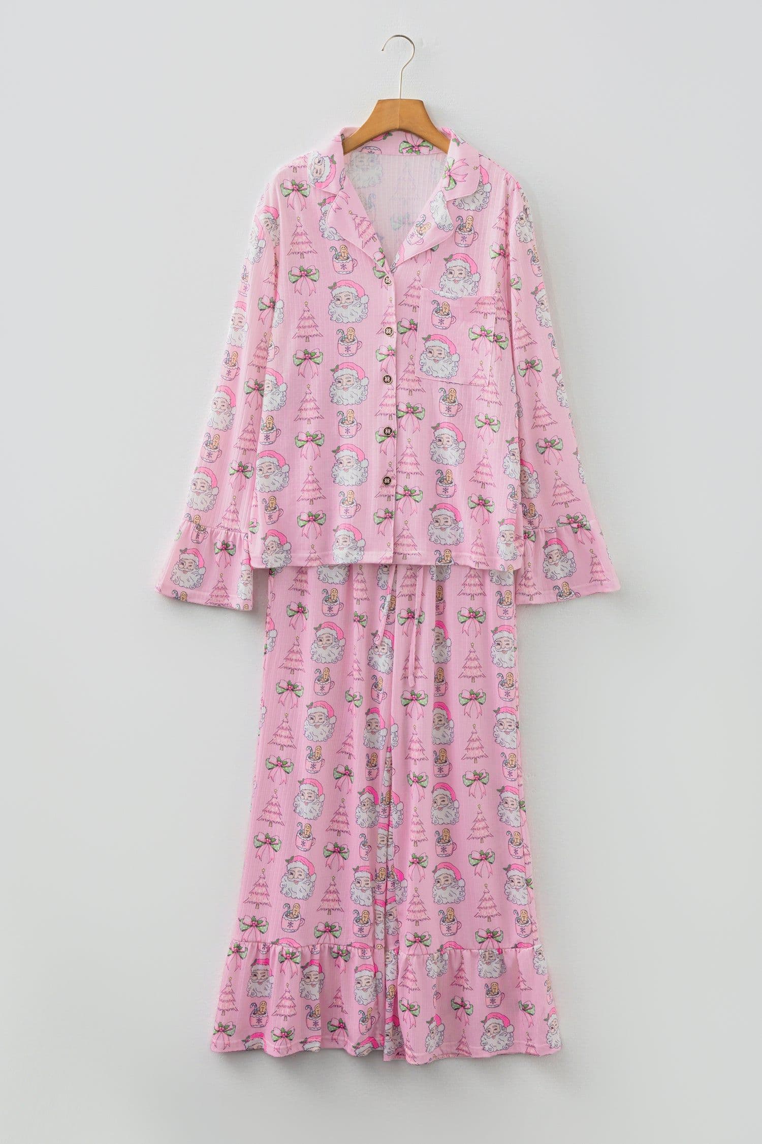 image-Pink Christmas Print Ruffled Ribbed Shirt & Pants 2 Piece PJ Set