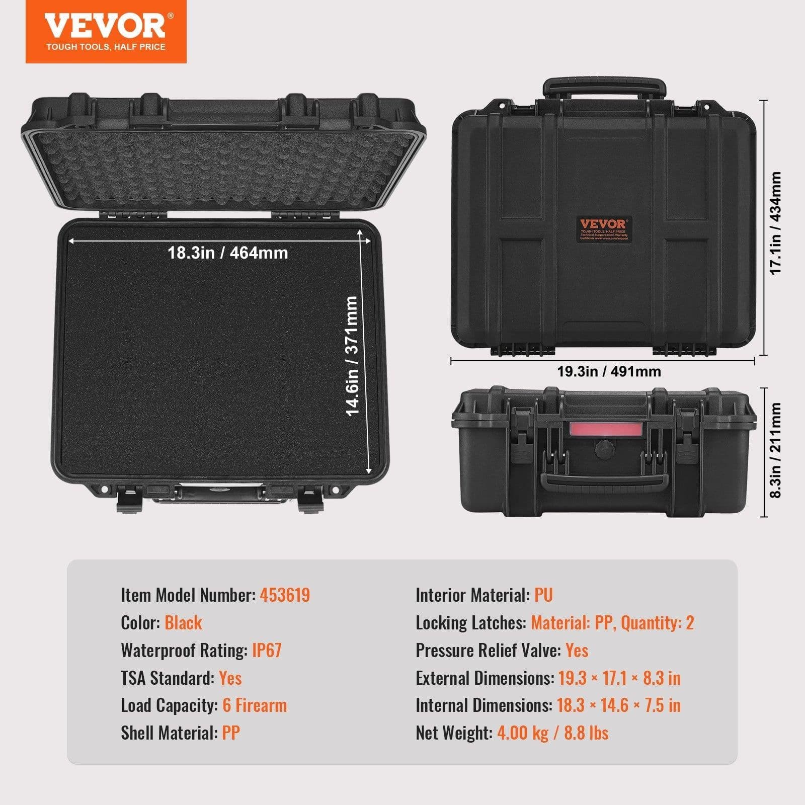 image-VEVOR Hard Pistol Cases with Pre-cut PU Foam Lockable Pistol Case for 6 Pistol