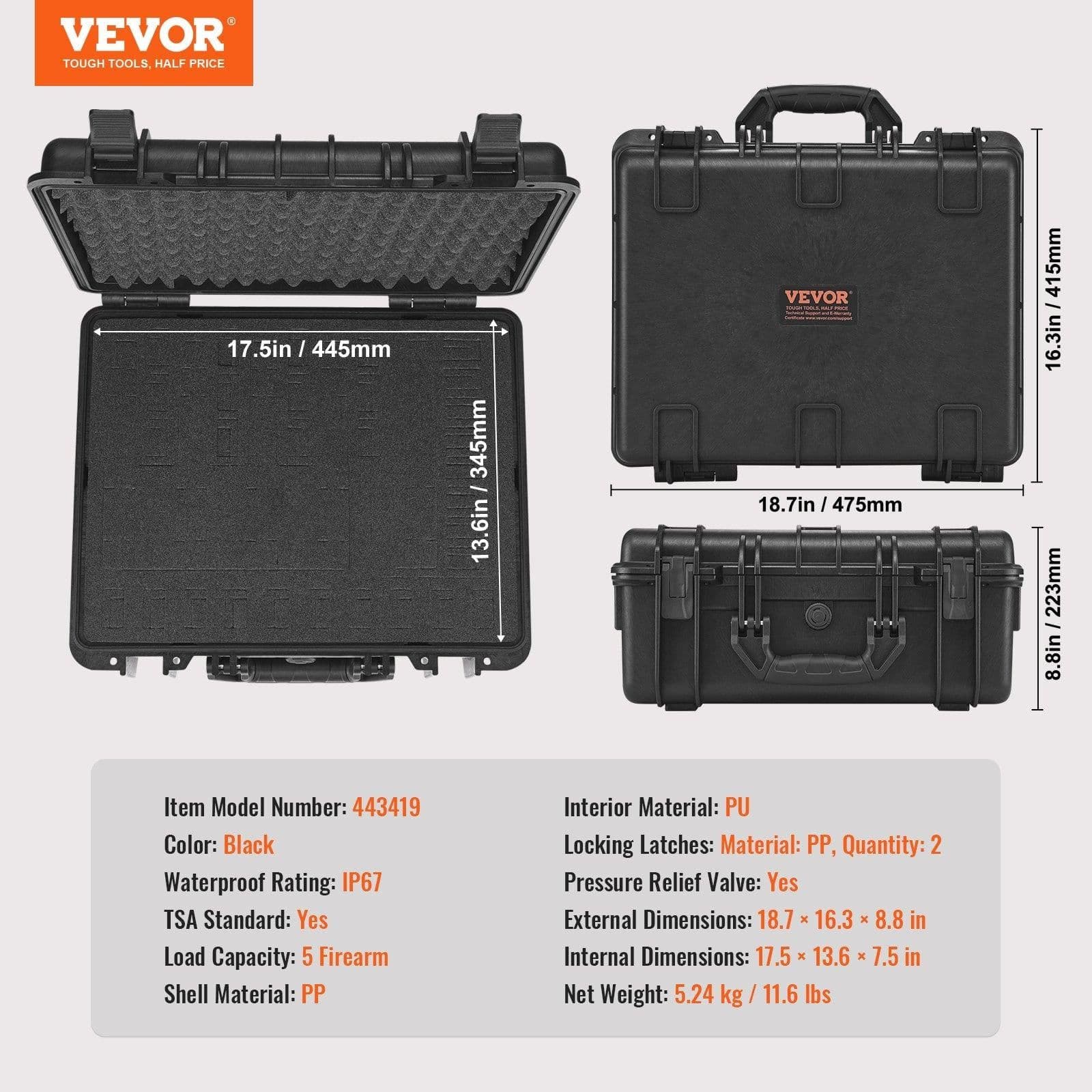 image-VEVOR Hard Pistol Cases with Pre-cut PU Foam, Waterproof & Dustproof Hard Gun Case for 1 Pistol, 18.9×16.3×8.5 in Lockable Pistol Case, Black