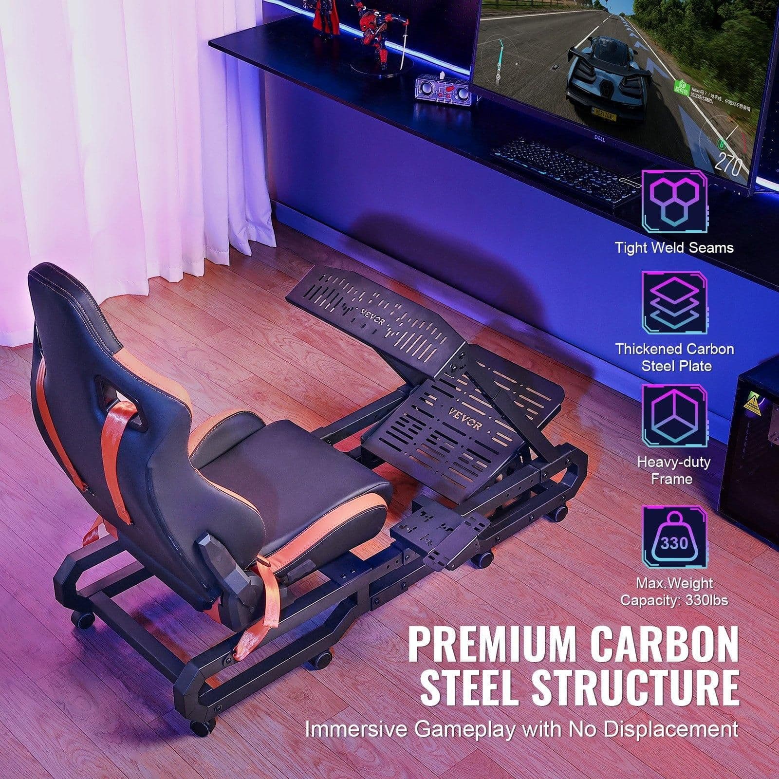 image-VEVOR Racing Wheel Stand with Wheels For Logitech G923/G920/G29, Heavy Duty Steel Driving Simulator Cockpit-Thrustmaster T248P, Steering Wheel Bracket & Foot Pedal Adjustable, Max Load 330 LBS