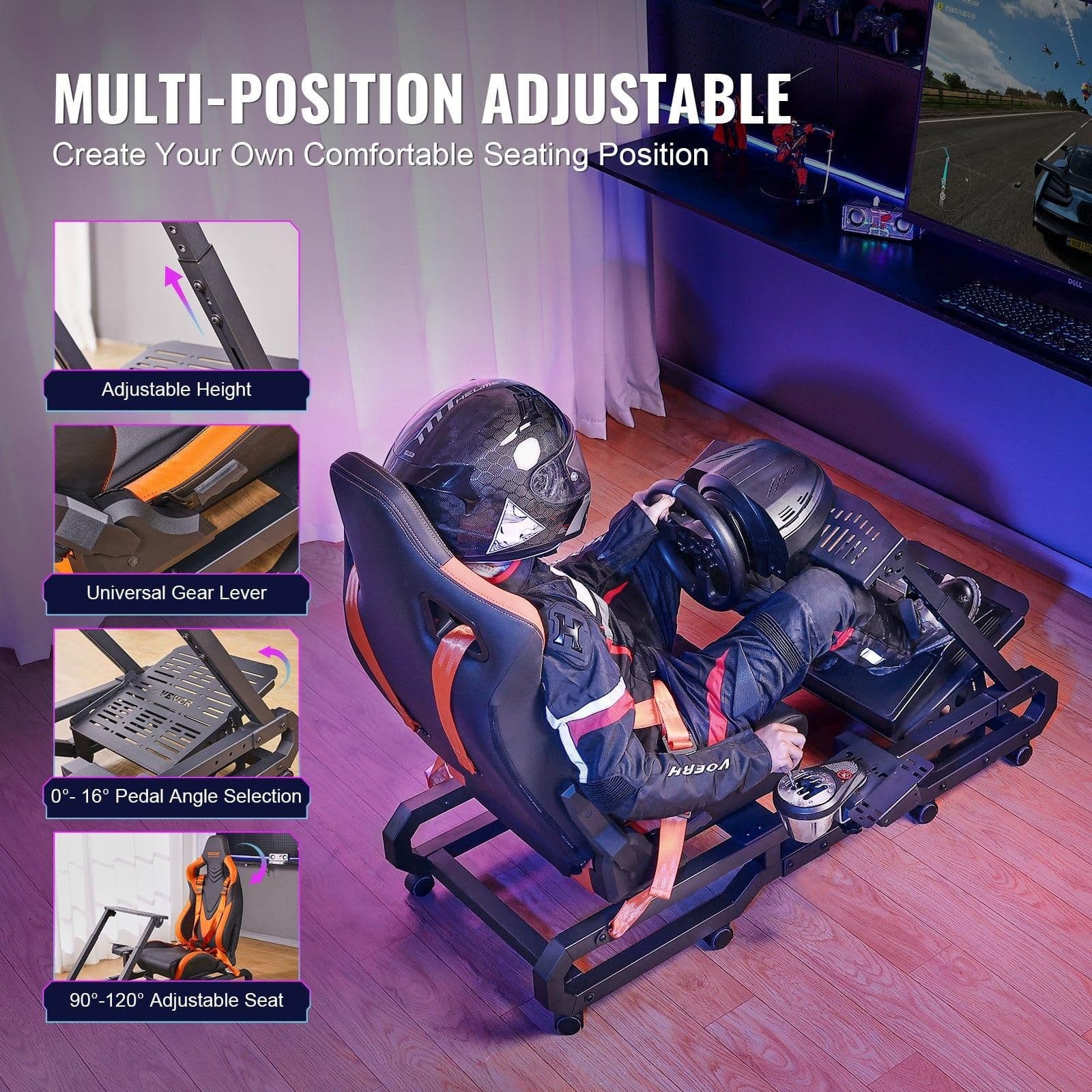 image-VEVOR Racing Wheel Stand with Wheels For Logitech G923/G920/G29, Heavy Duty Steel Driving Simulator Cockpit-Thrustmaster T248P, Steering Wheel Bracket & Foot Pedal Adjustable, Max Load 330 LBS