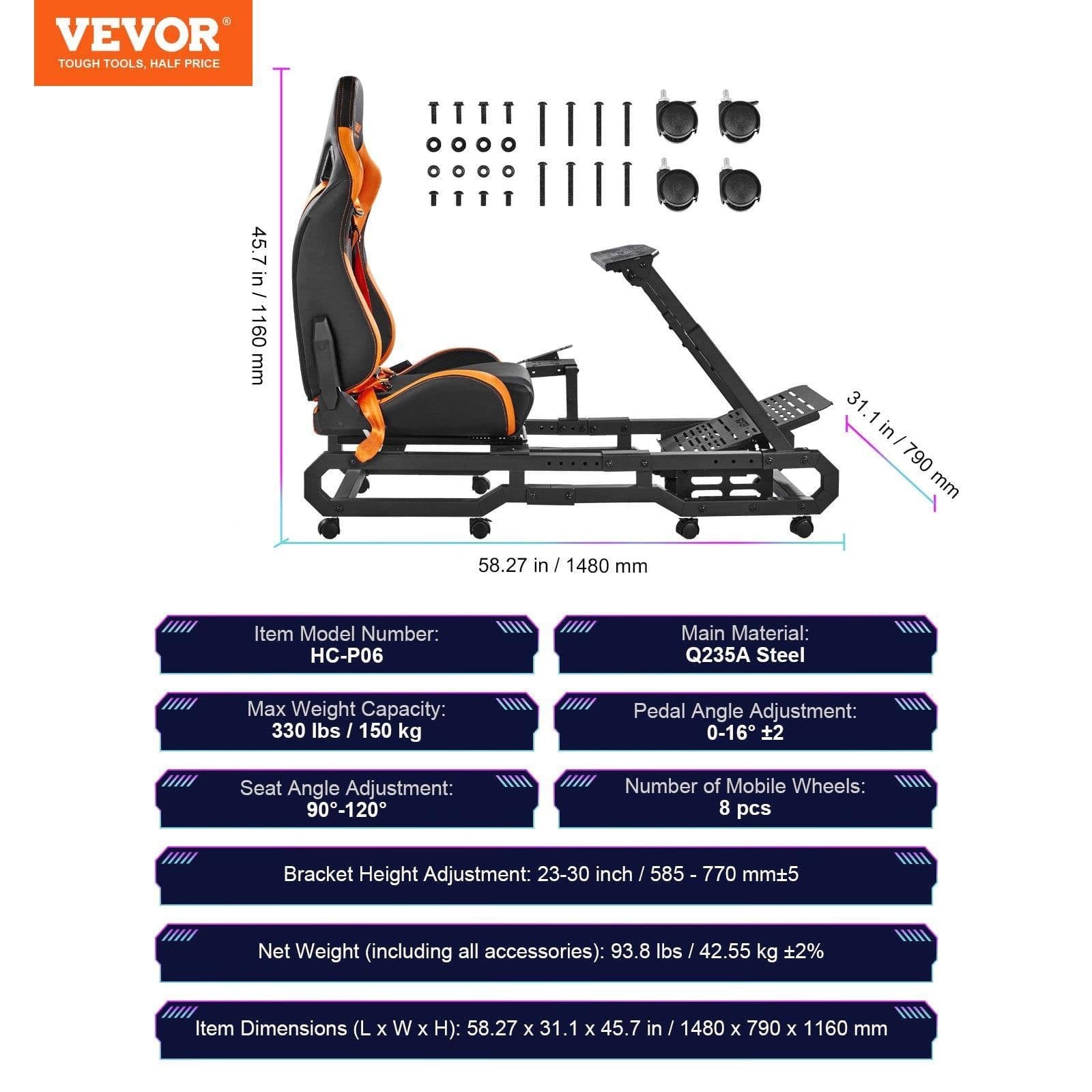 image-VEVOR Racing Wheel Stand with Wheels For Logitech G923/G920/G29, Heavy Duty Steel Driving Simulator Cockpit-Thrustmaster T248P, Steering Wheel Bracket & Foot Pedal Adjustable, Max Load 330 LBS