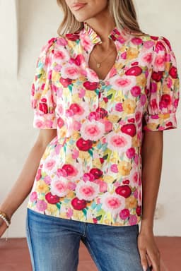 image-Pink Floral Blouse - Frilled V Neck Puff Sleeve