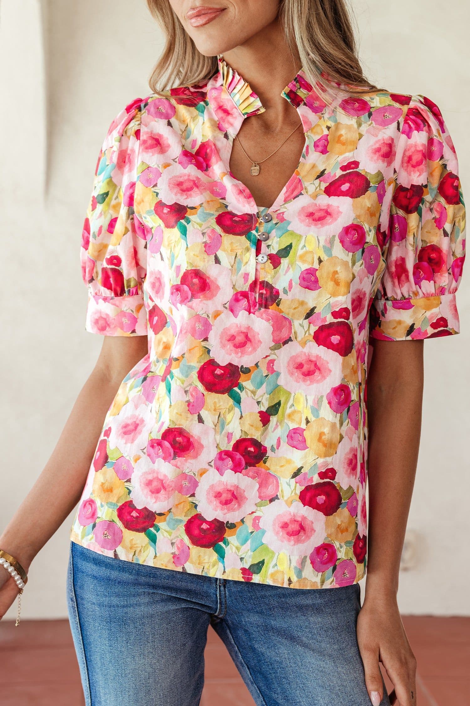 image-Pink Floral Blouse - Frilled V Neck Puff Sleeve