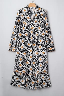 image-Black Abstract Floral Long Dress - V Neck Sleeves