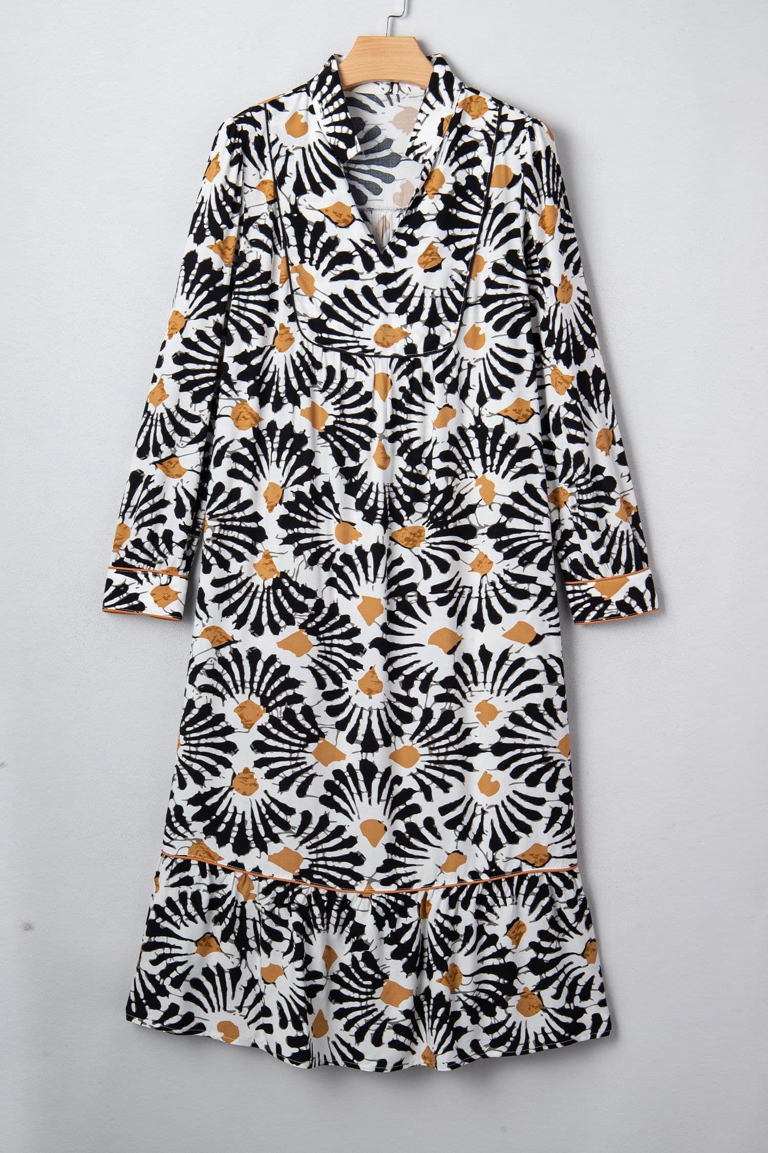 image-Black Abstract Floral Long Dress - V Neck Sleeves