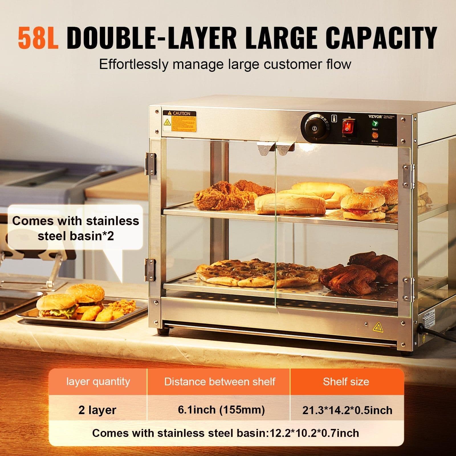 image-VEVOR 2-Tier Commercial Food Warmer Display Countertop Pizza Cabinet with Light