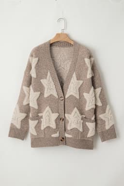 image-Sherpa Star Pattern Textured Cardigan - Khaki with Pockets