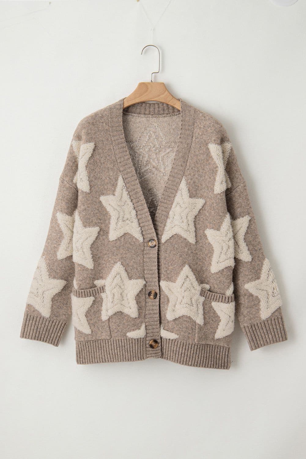 image-Sherpa Star Pattern Textured Cardigan - Khaki with Pockets