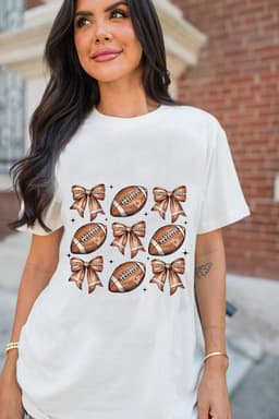 image-White Football Bow Print Cotton Blend T-Shirt