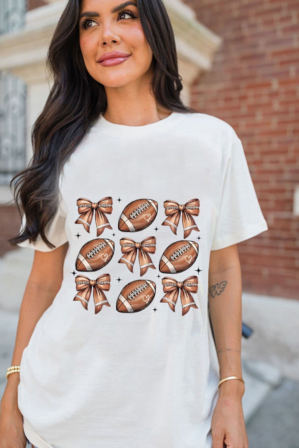 image-White Football Bow Print Cotton Blend T-Shirt