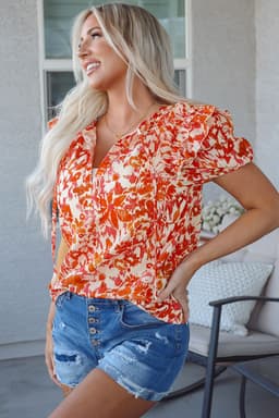 image-Floral Print Ruffled Short Puff Sleeve Split Neck Blouse - Orange (65 characters)