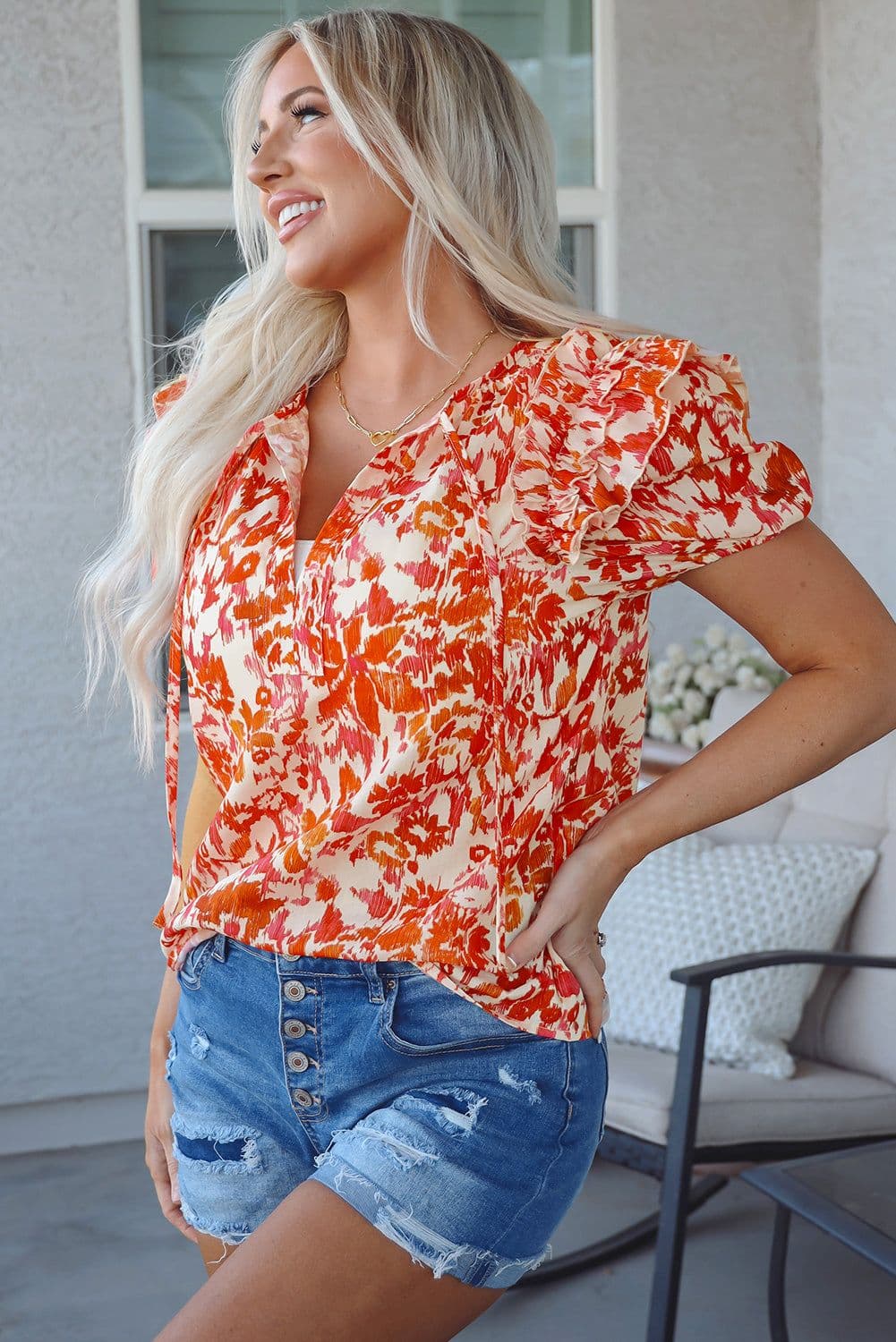 image-Floral Print Ruffled Short Puff Sleeve Split Neck Blouse - Orange (65 characters)
