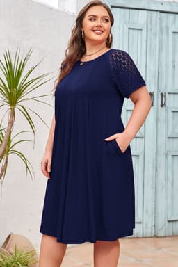 image-Navy Blue Plus Size Solid Color Lace Short Sleeve Pleated Swing Dress