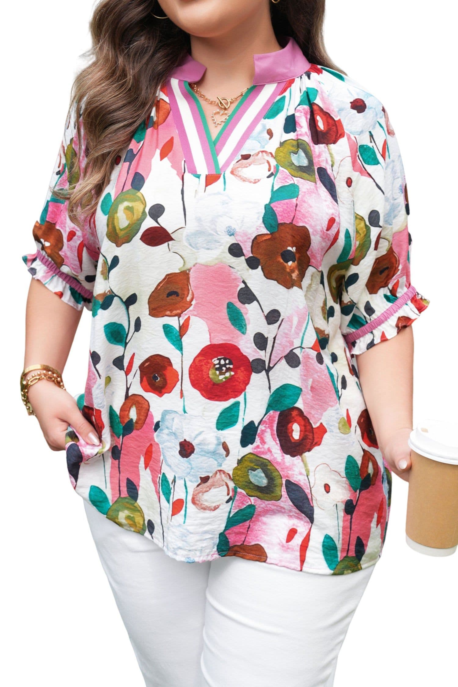 image-Pink V Neck Puff Sleeve Plus Size Floral Blouse