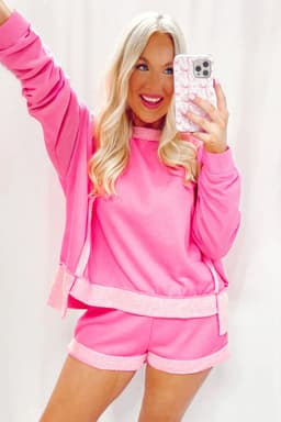 image-Pink High Low Patchwork Long Sleeve Top & Shorts Set - Size Guide Included
