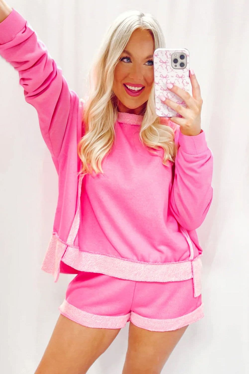 image-Pink High Low Patchwork Long Sleeve Top & Shorts Set - Size Guide Included