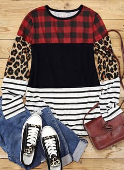 image-Plaid Print Leopard Splicing Striped Color Block Long Sleeve Top
