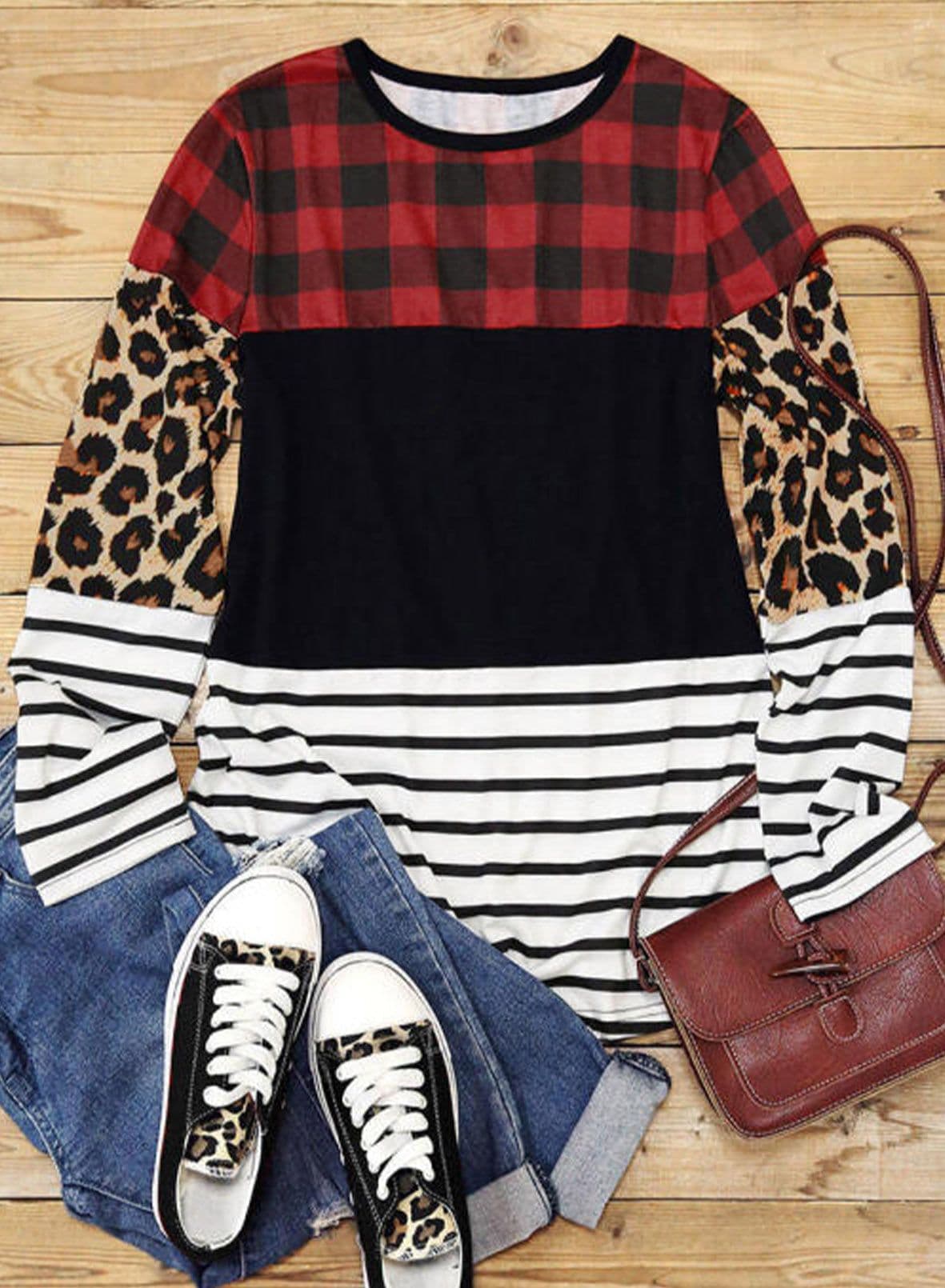 image-Plaid Print Leopard Splicing Striped Color Block Long Sleeve Top