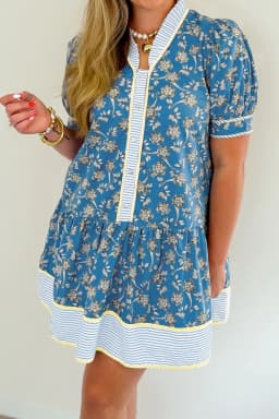 image-Blue Plus Size Floral Print Striped Patchwork Detail Button Front Ruffle Hem Dress