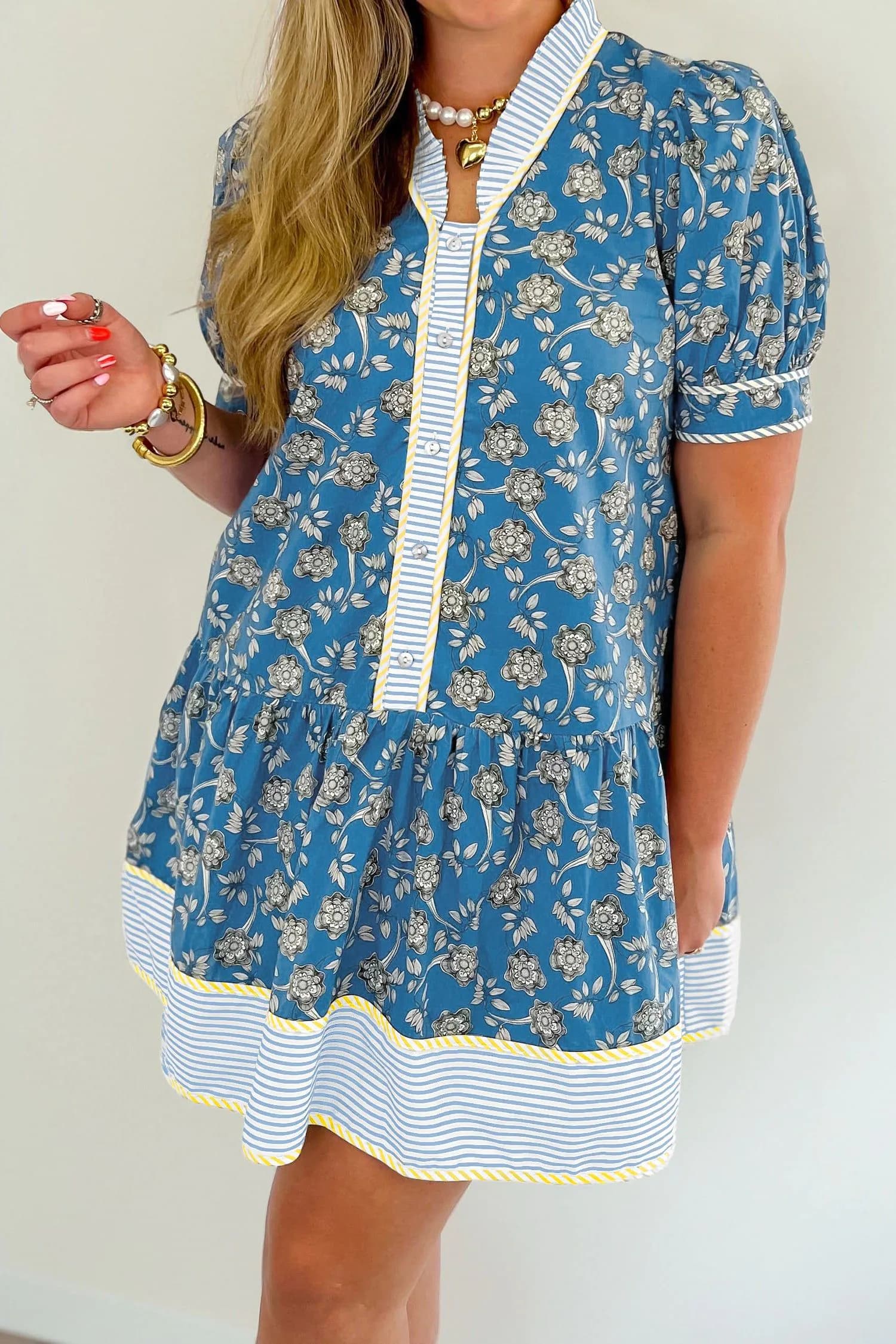 image-Blue Plus Size Floral Print Striped Patchwork Detail Button Front Ruffle Hem Dress