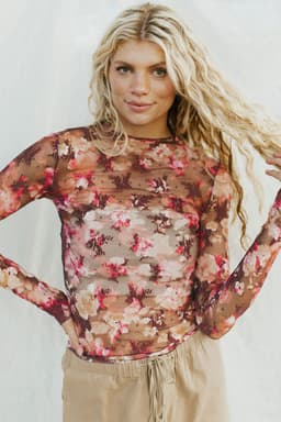 image-Floral Print Sheer Mesh Long Sleeve Top - XL Size