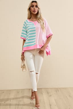 image-Pink Stripe Contrast Patchwork Oversized T-Shirt