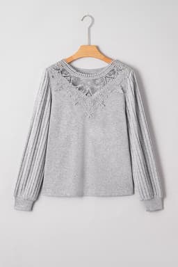 image-Gray Hollowed Lace Ribbed Knit Long Sleeve Patchwork Top