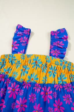 image-Blue Floral Colorblock Flutter Strap Tank Top