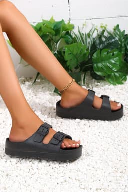 image-Black EVA Slippers with Double-Buckle Adjustable Fit