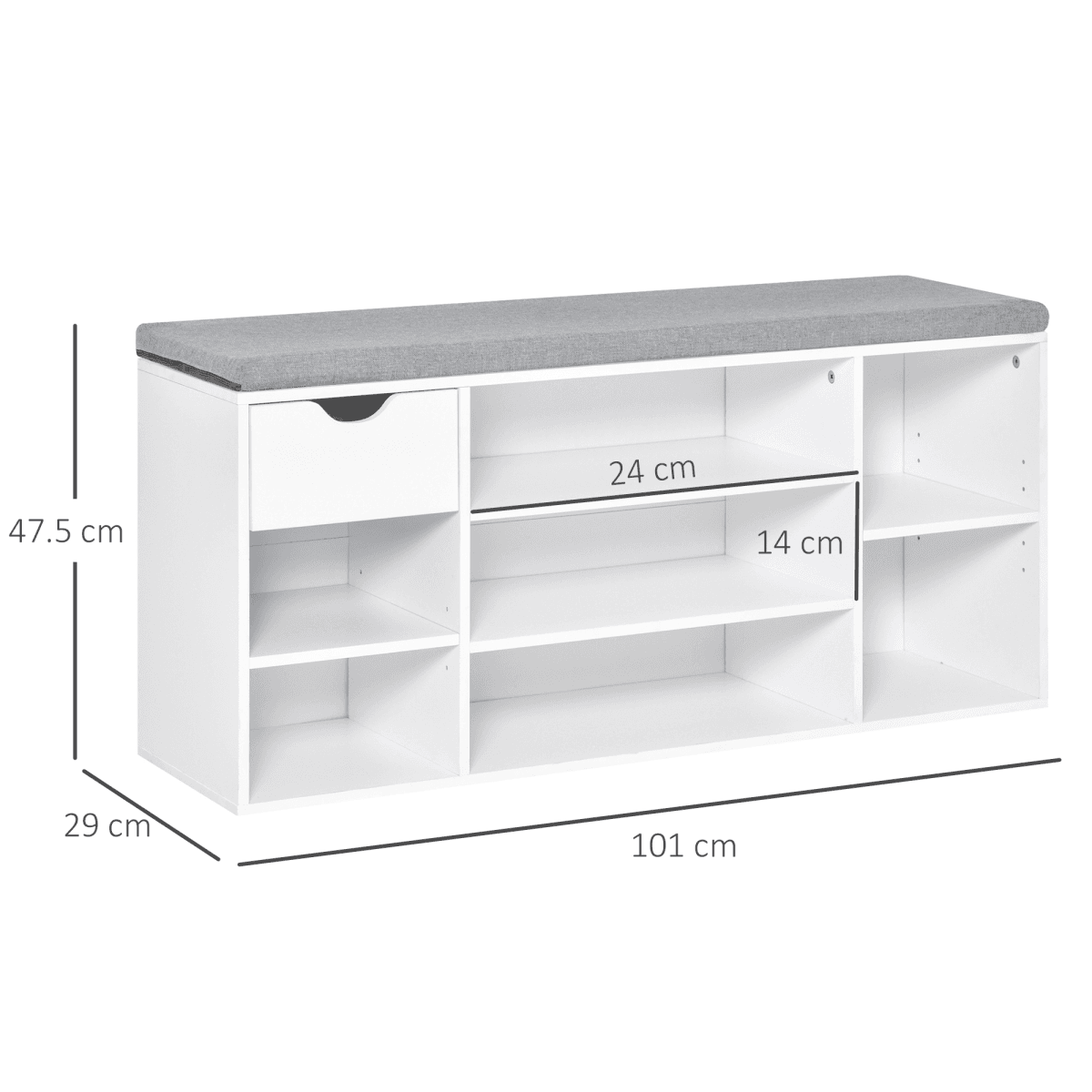 image-HOMCOM Shoe Storage Cabinet Bench w/ Cushion Adjustable Shelves White and Grey