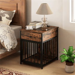 image-Multi-Functional Dog Crate End Table - Black+Brown, Charging Station, 25 lbs Small Dogs