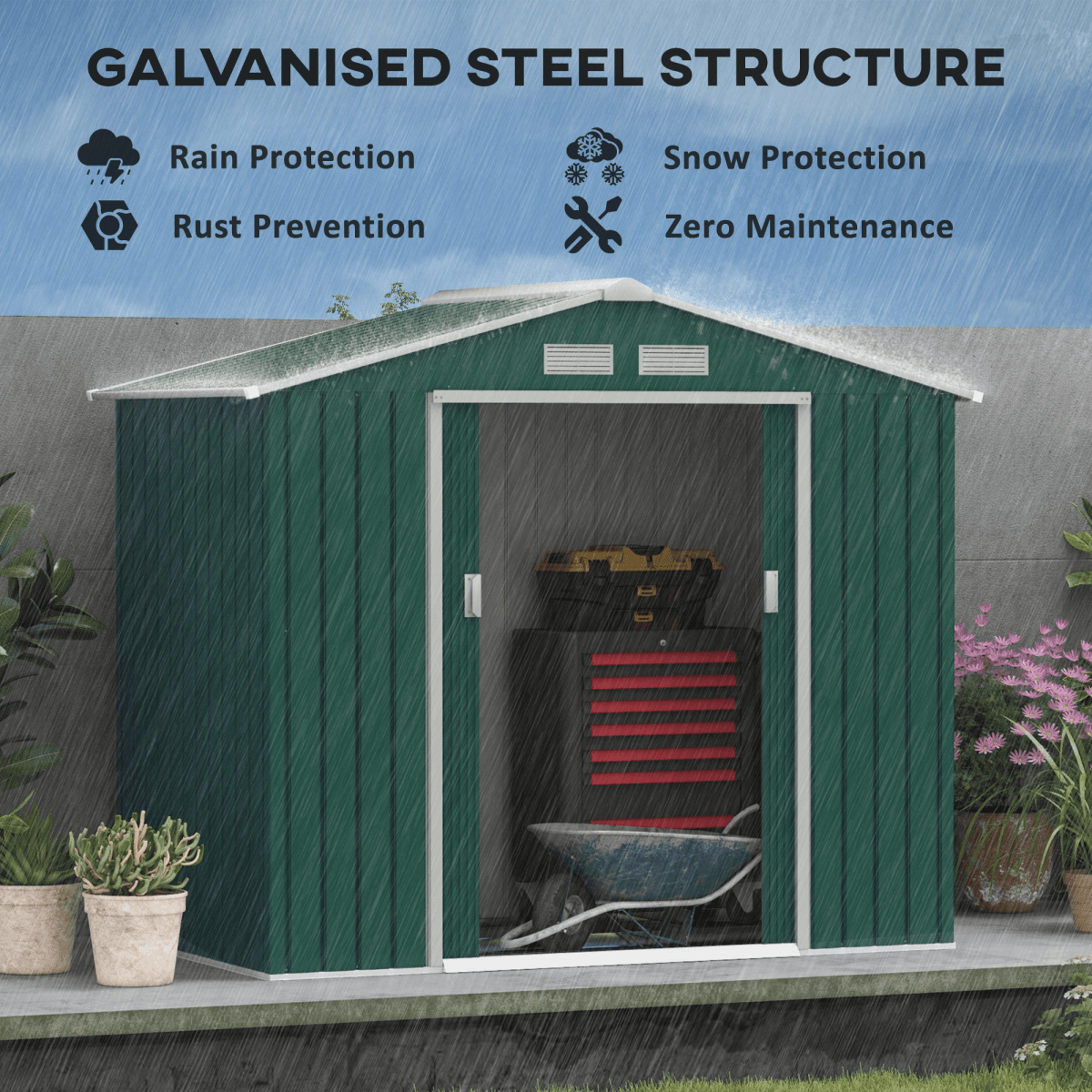 image-Outsunny Galvanised Steel Garden Shed - Green 213x130cm