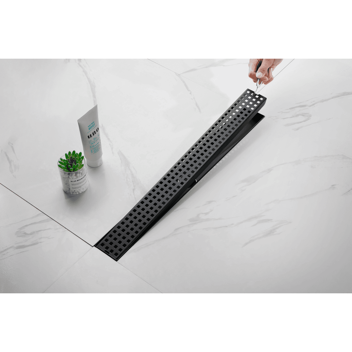 image-Linear Shower Drain 24" 304 Stainless Steel, Black with Grate, Strainer