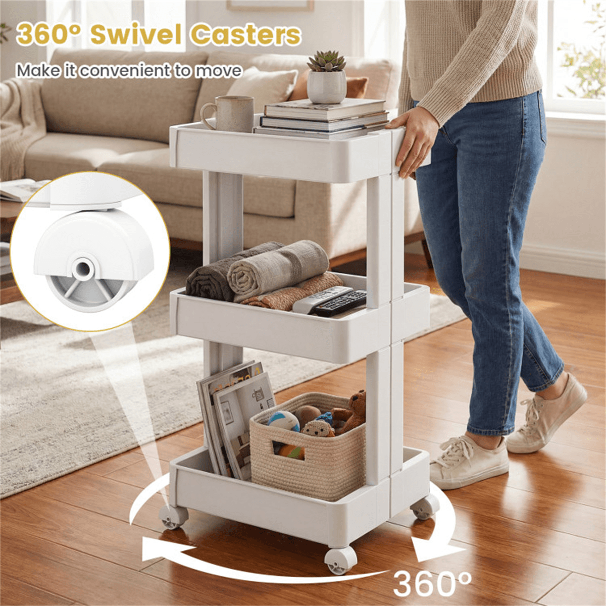 image-3-Tier Rolling Storage Cart - DIY 15.5"x14.5"x30" with Trays for Kitchen & Bathroom