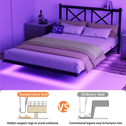 image-Floating Queen Size Bed Frame, Storage Headboard, USB Charging, LED Lights, Black (70 characters)