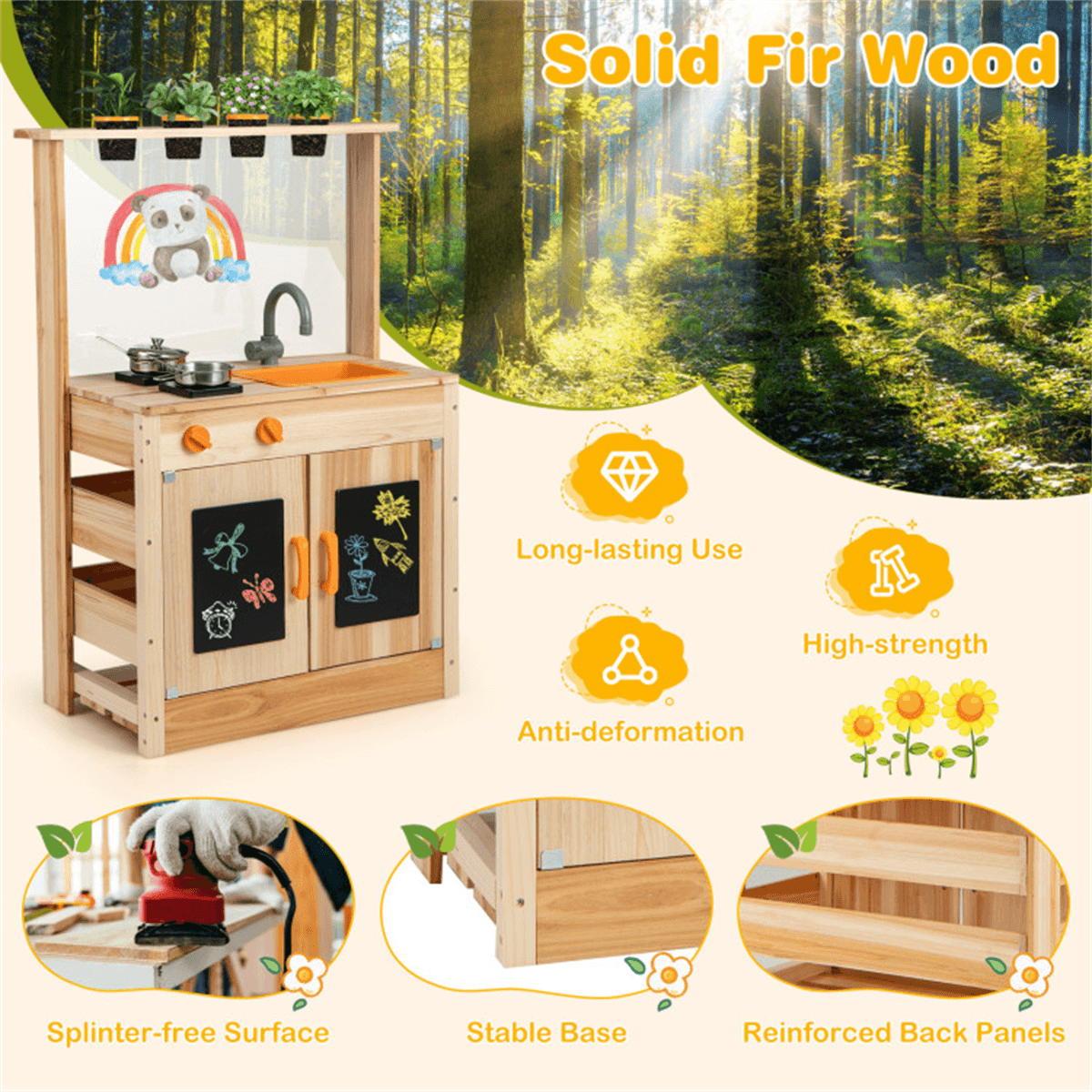 image-Kids Outdoor Mud Kitchen Playset, Fir Wood, Sink/Stove, Utensils & Chalkboard