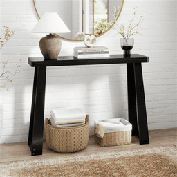 image-Black Narrow Rubber Wood Console Table, 43" Space-Saving Entryway
